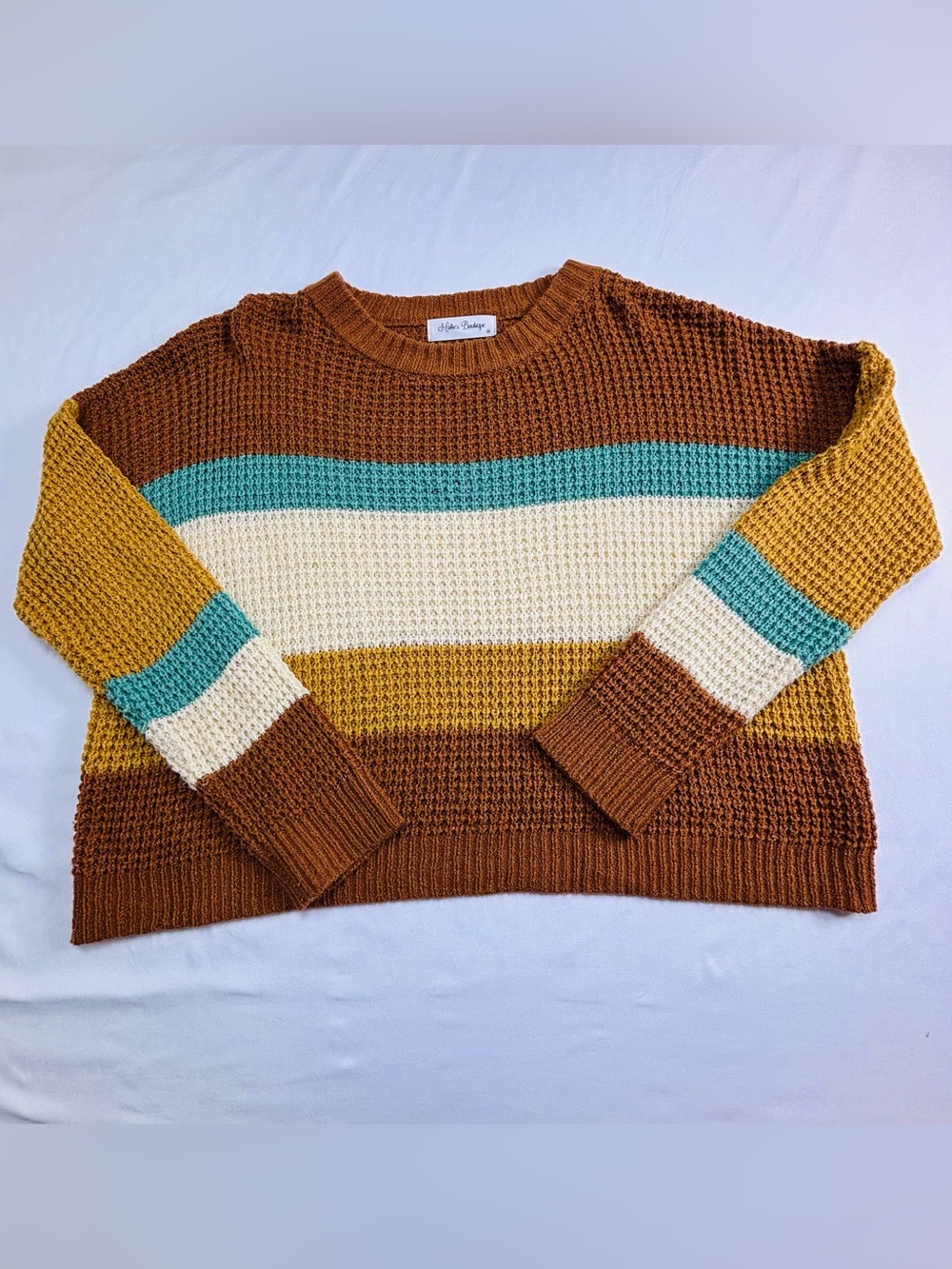 Striped Crewneck Sweater in Brown, Cream & Teal - Women W667